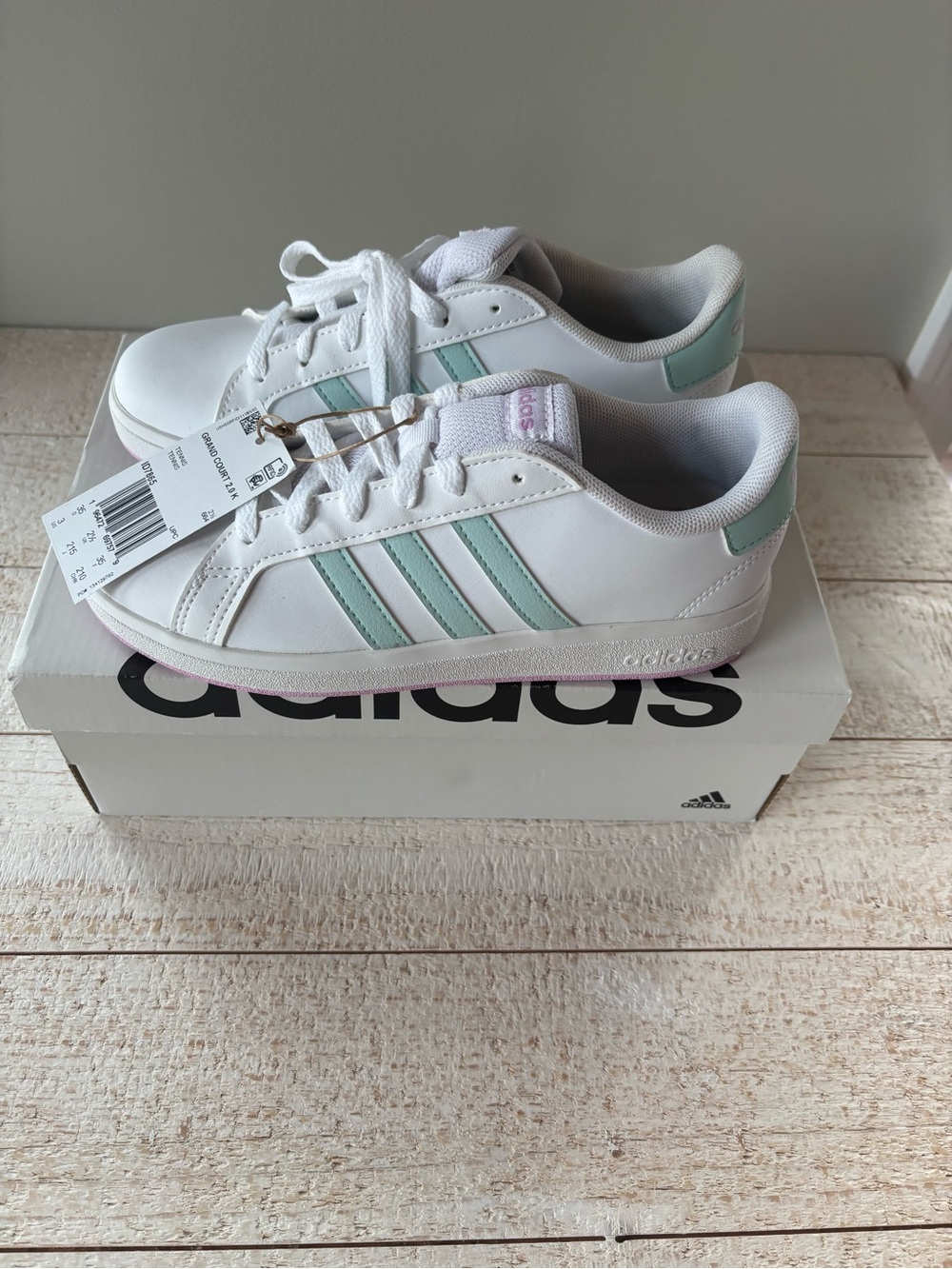 adidas Kids White Sneakers with Mint Green Stripes